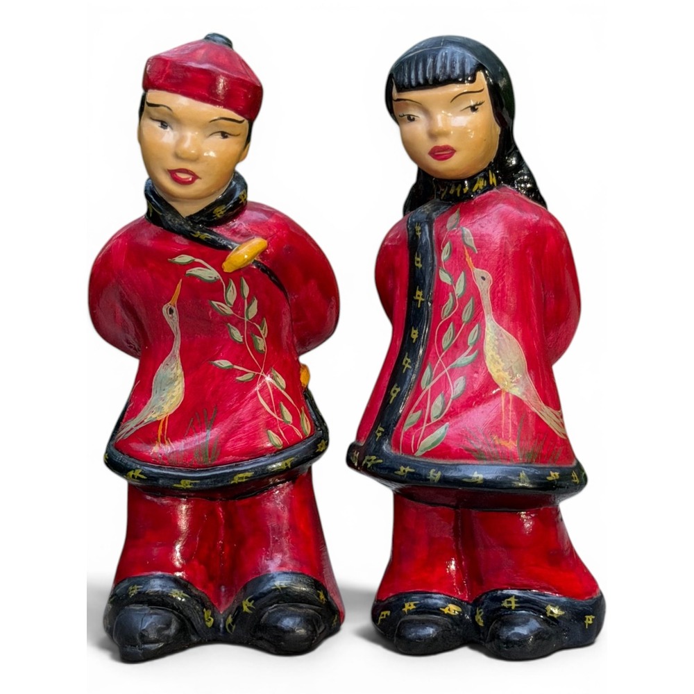 Chalkware Asian Boy Girl Figurines Pair Red Hand Painted Crane Mid Century Decor